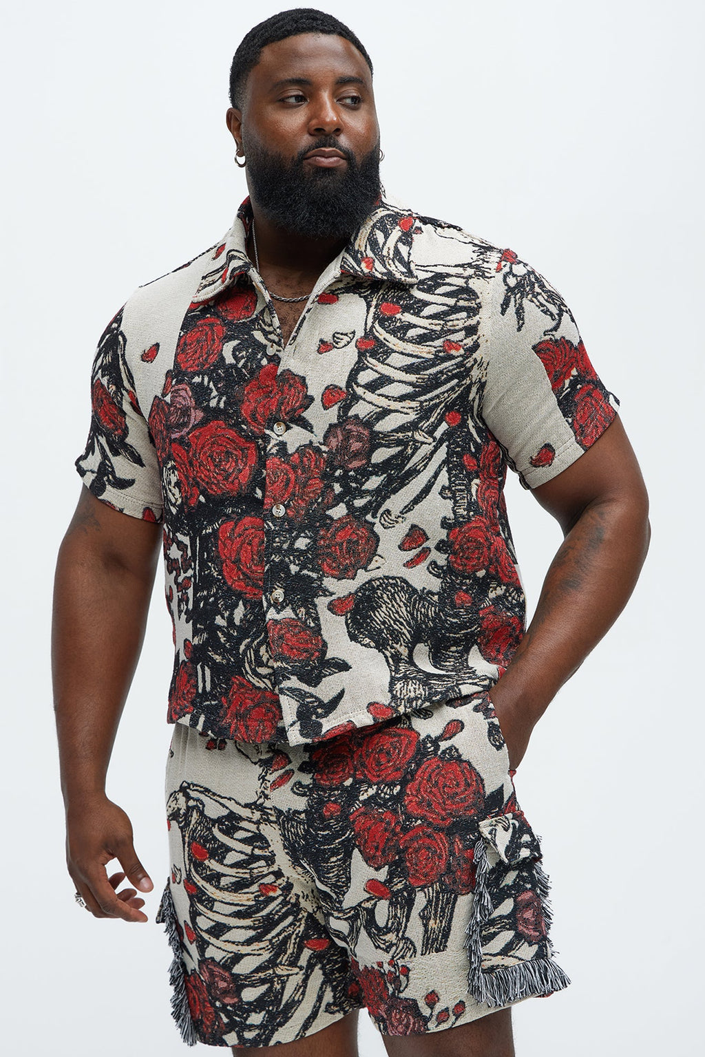 Petals Tapestry Short Sleeve Button Up Shirt - Red/combo