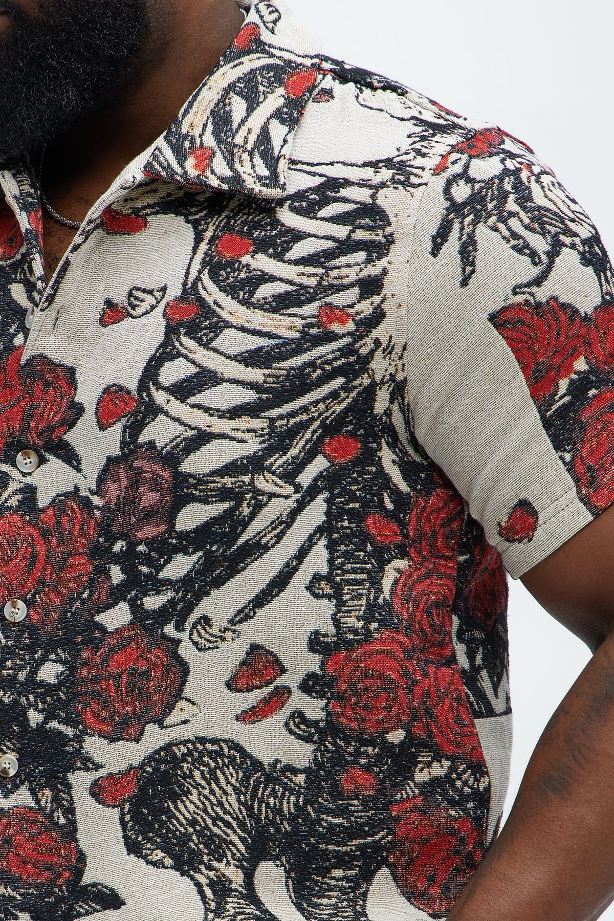 Petals Tapestry Short Sleeve Button Up Shirt - Red/combo