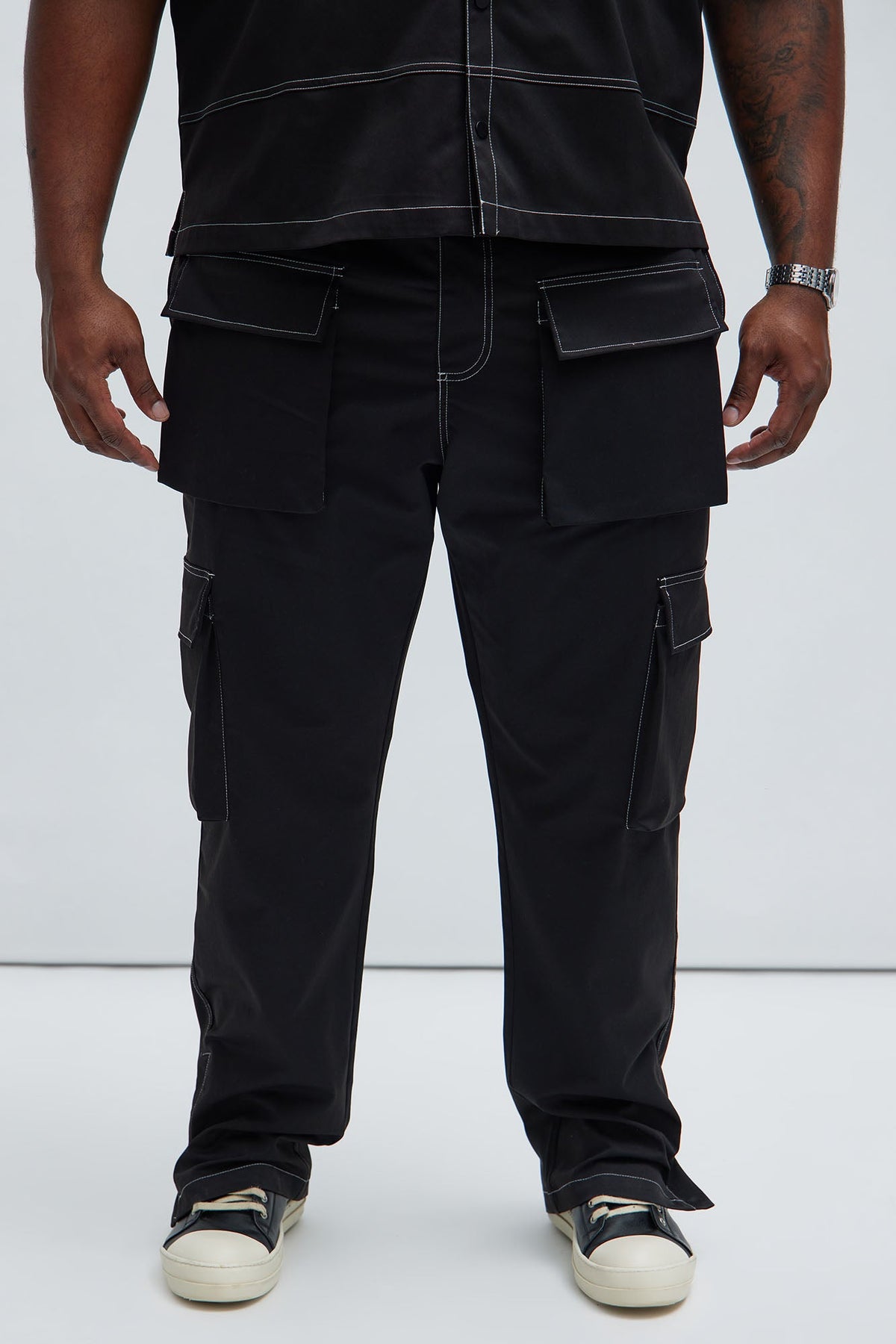 Curtis Contrast Stitch Relaxed Cargo Pants - Black