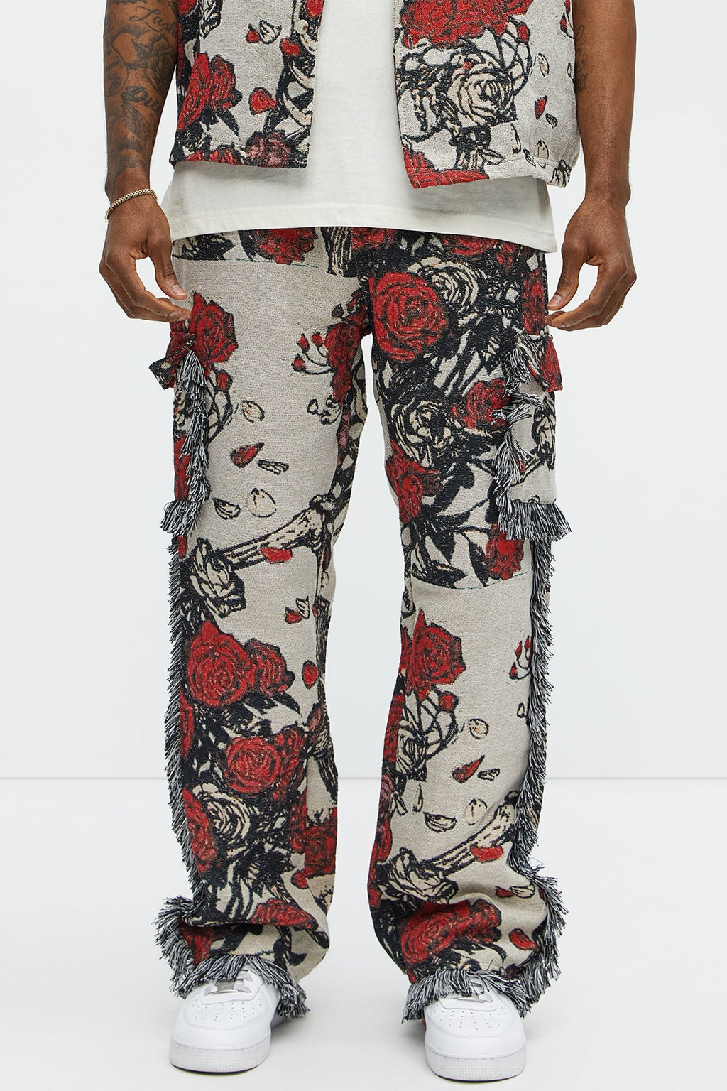 Straight Petals Tapestry Cargo Pants - Red/combo