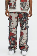 Straight Petals Tapestry Cargo Pants - Red/combo