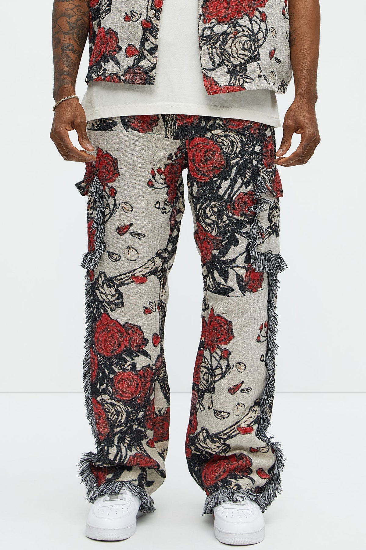 Straight Petals Tapestry Cargo Pants - Red/combo