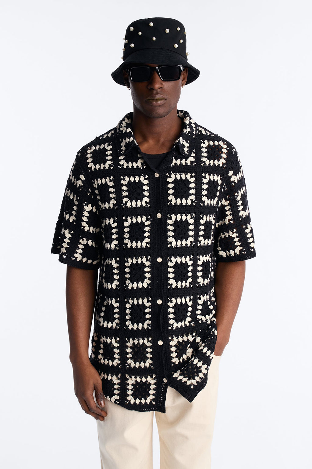 Coastal Crochet Button Up Shirt - Black