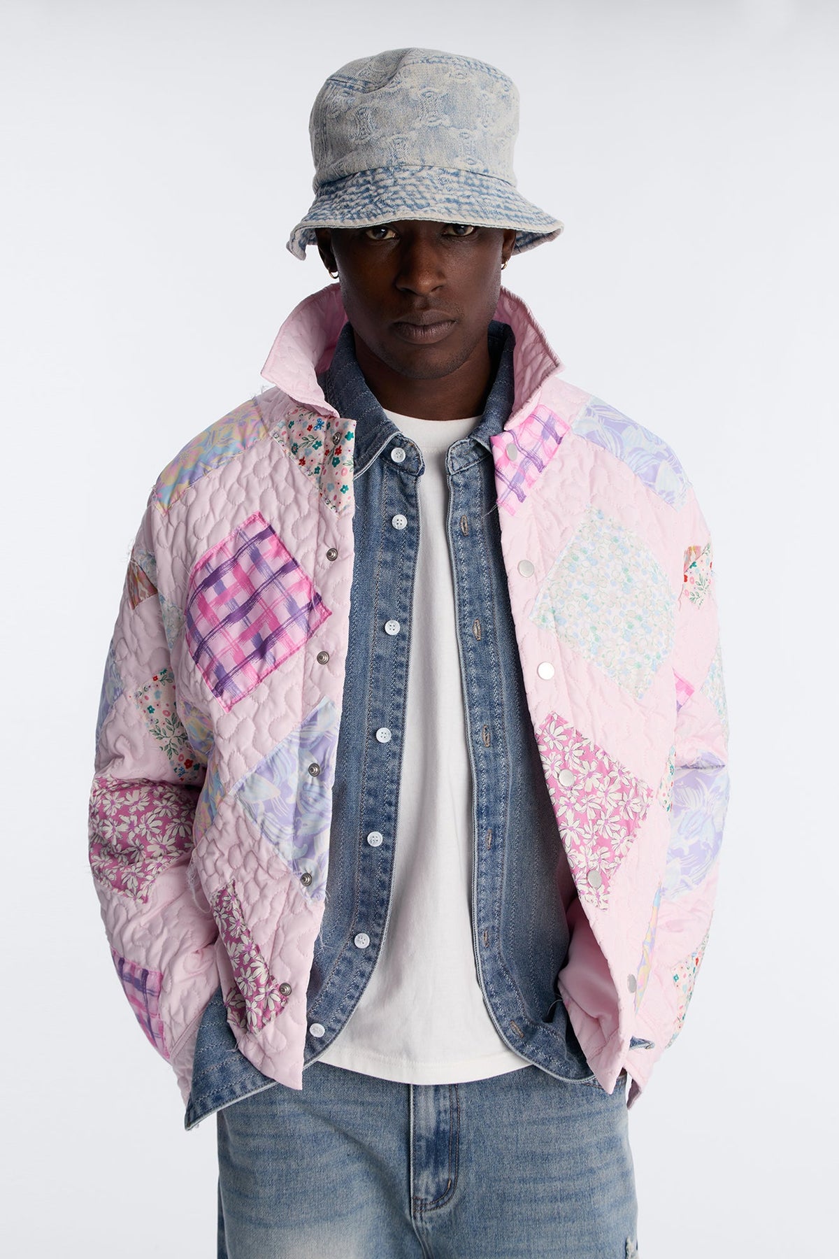 Cropped Quilted Frayed Patchwork Work Jacket - Pink