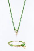 Paradise Faux Leather Cording Necklace And Bracelet Set - Gold/Green