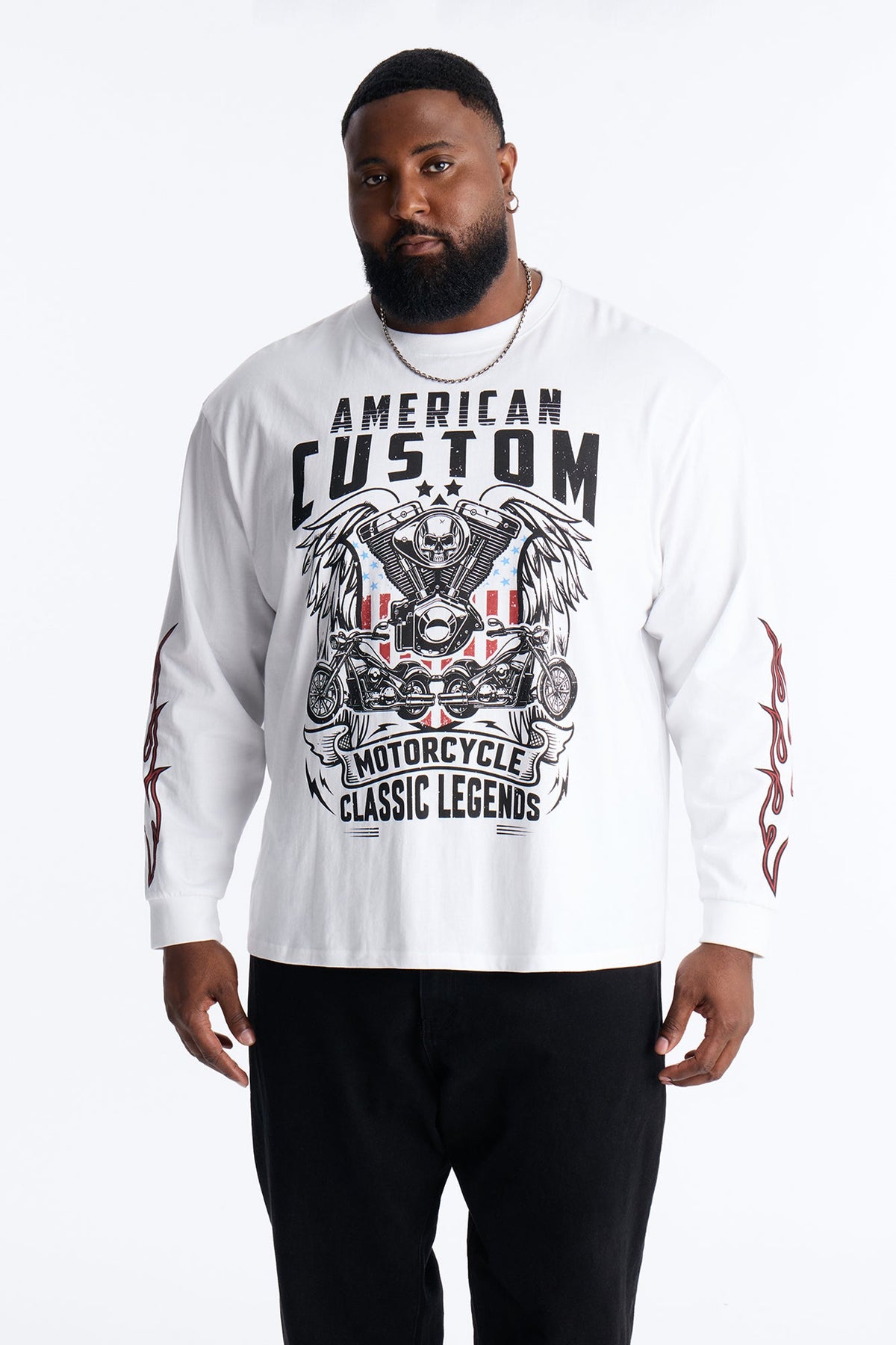 American Custom Motorcycle Oversized Long Sleeve Tee - White