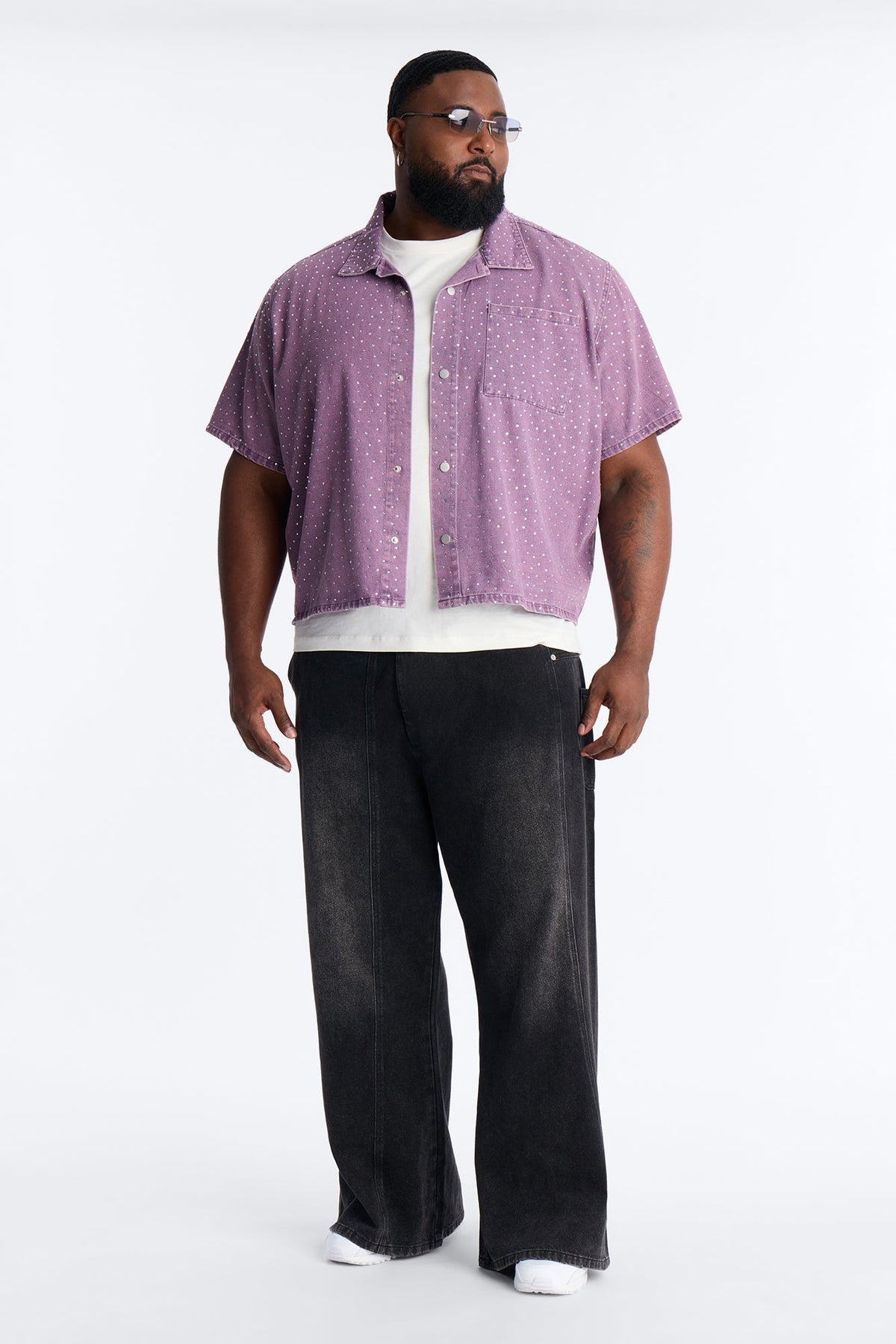 Cropped Embellished Denim Button Up Shirt - Purple