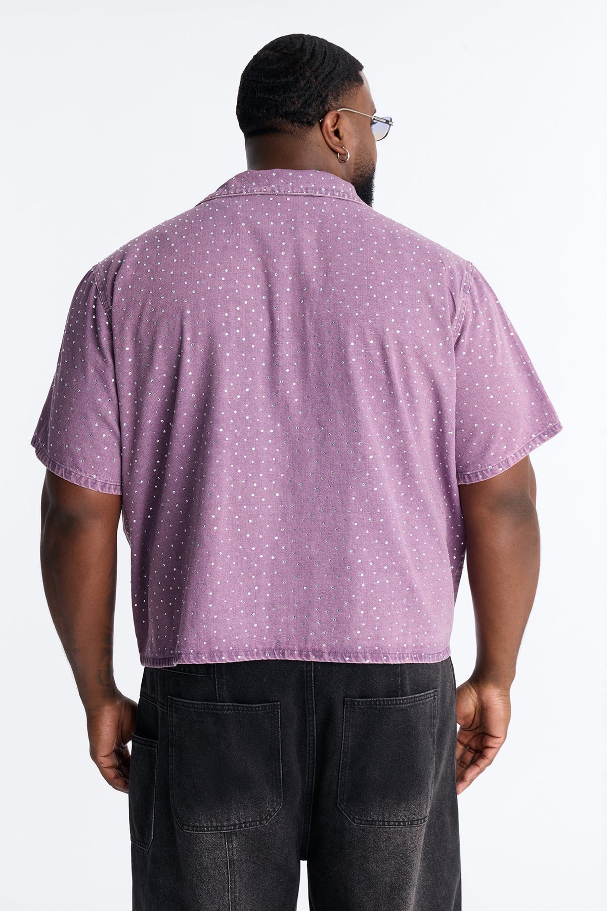 Cropped Embellished Denim Button Up Shirt - Purple