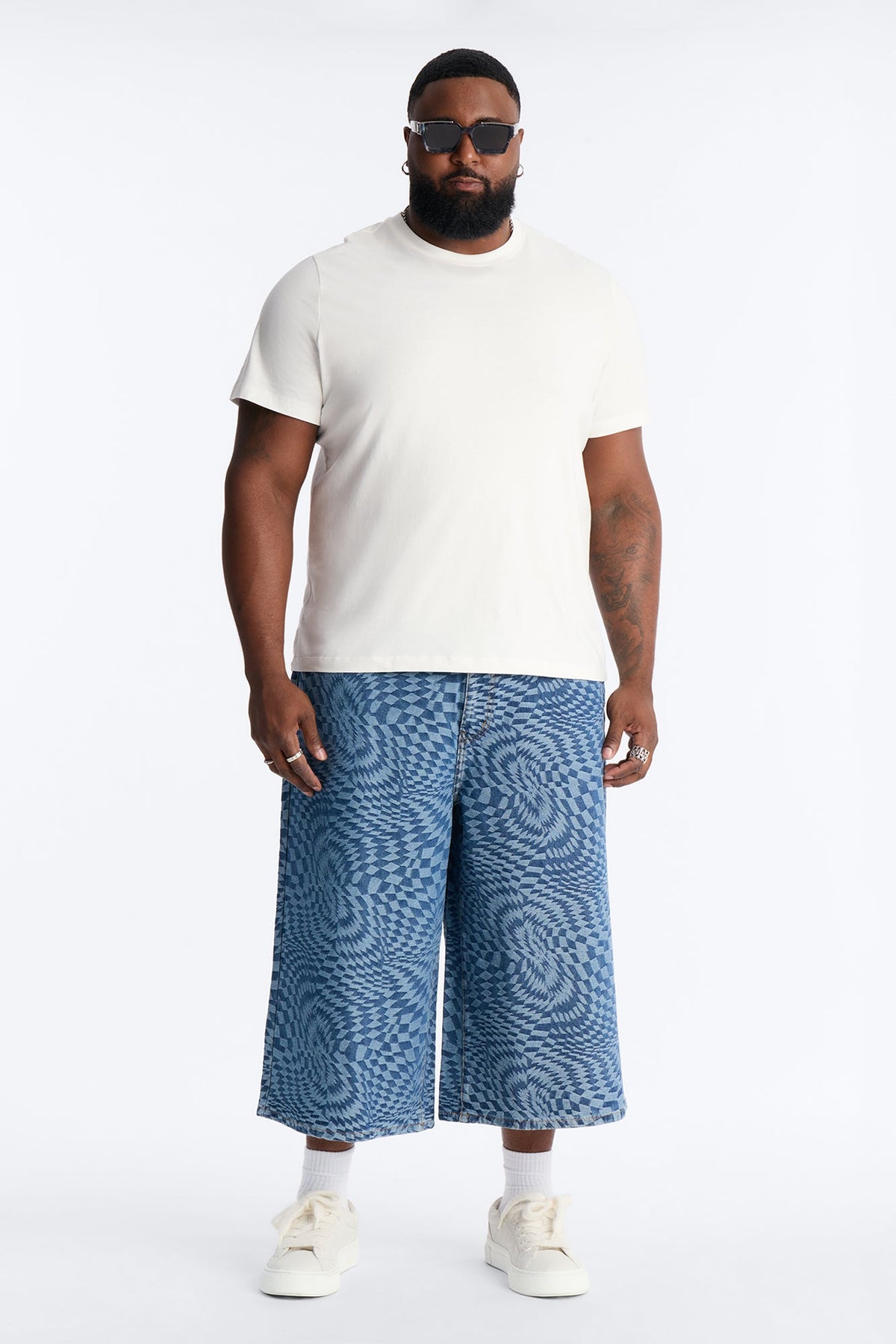 Super Baggy Trippy Check Denim Short - Medium Blue Wash
