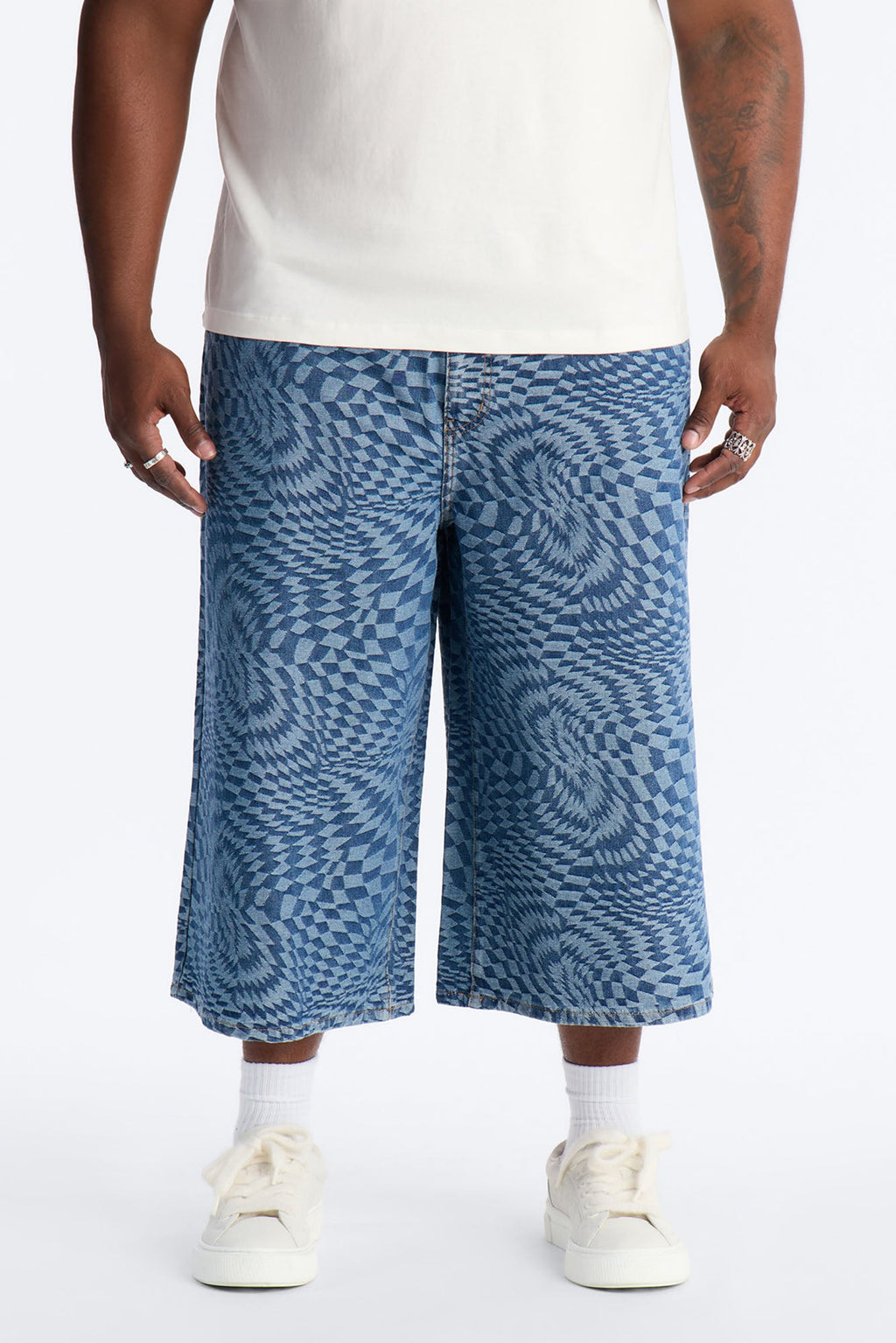 Super Baggy Trippy Check Denim Short - Medium Blue Wash