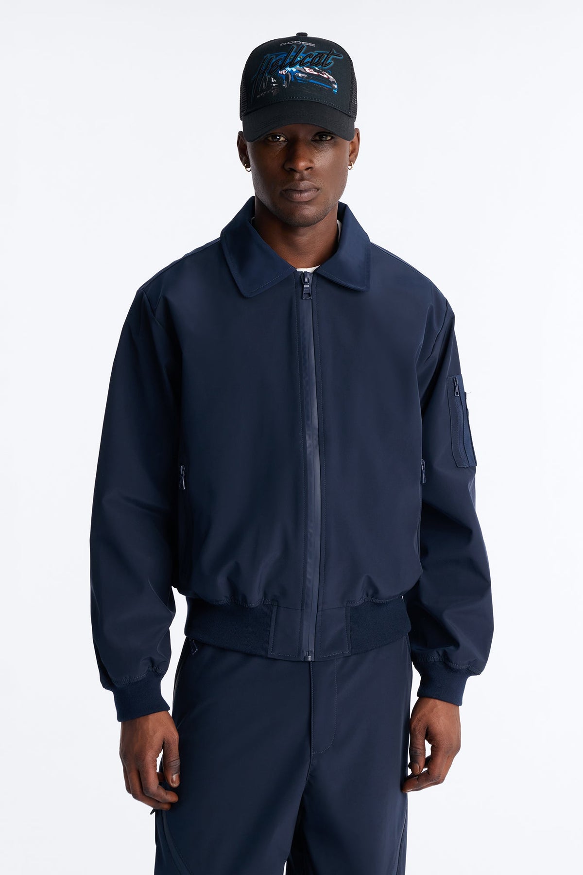 Cropped Relaxed Liberty Zip Bomber Jacket - Navy