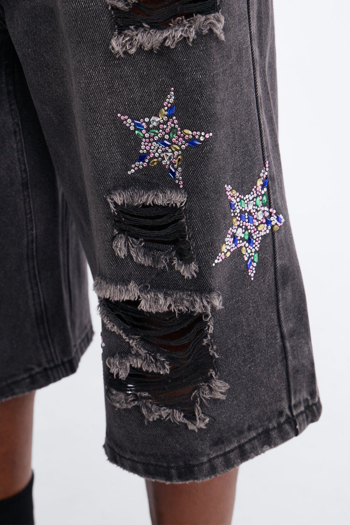 Cosmic Jeweled Baggy Denim Short - Black Wash