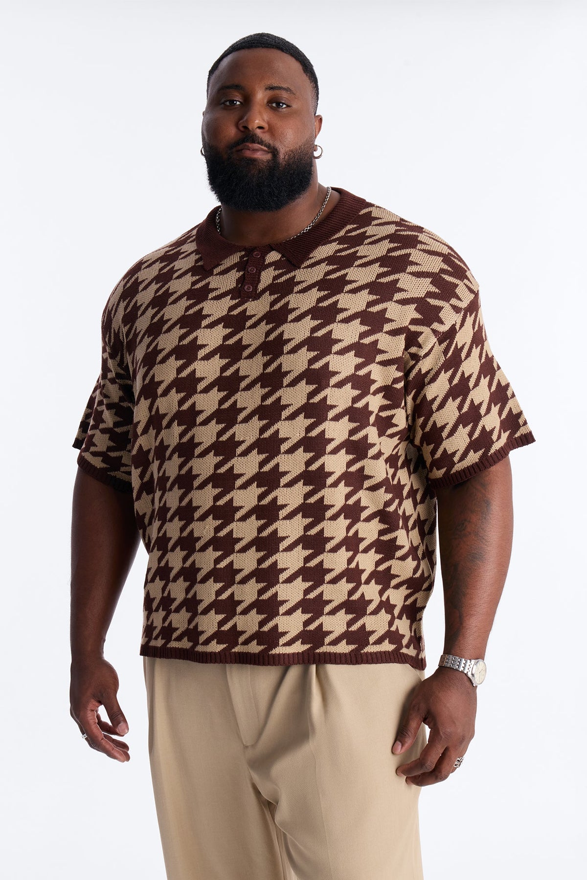 Houndstooth Short Sleeve Knitted Polo - Brown