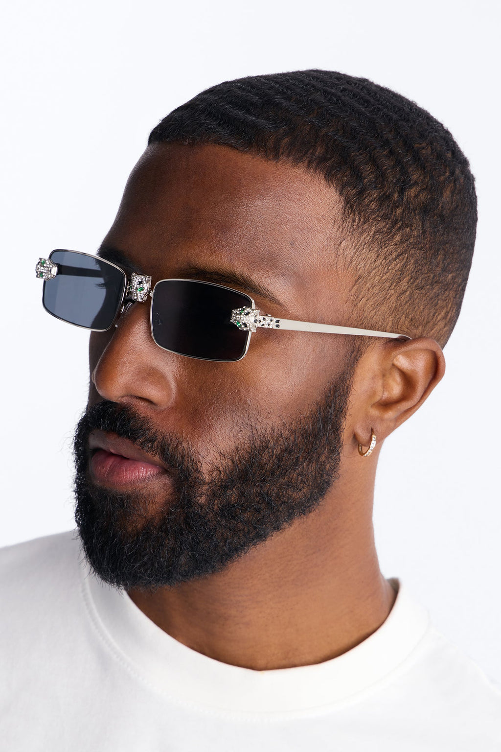 Iced Panther Rectangle Metal Sunglasses - Silver/Black