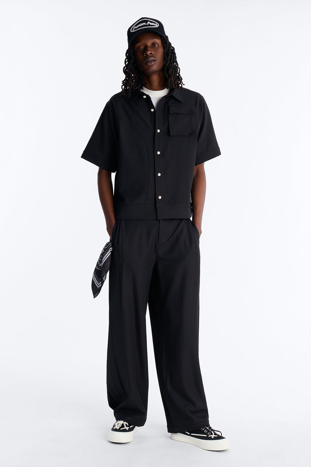 Pearl Paneled Utility Button Up Shirt - Black