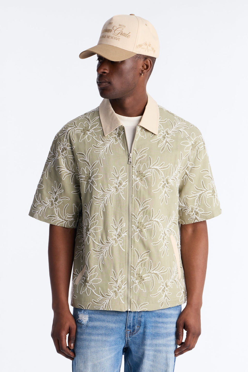 Relaxed Island Riot Embroidered Zip Shirt - Olive