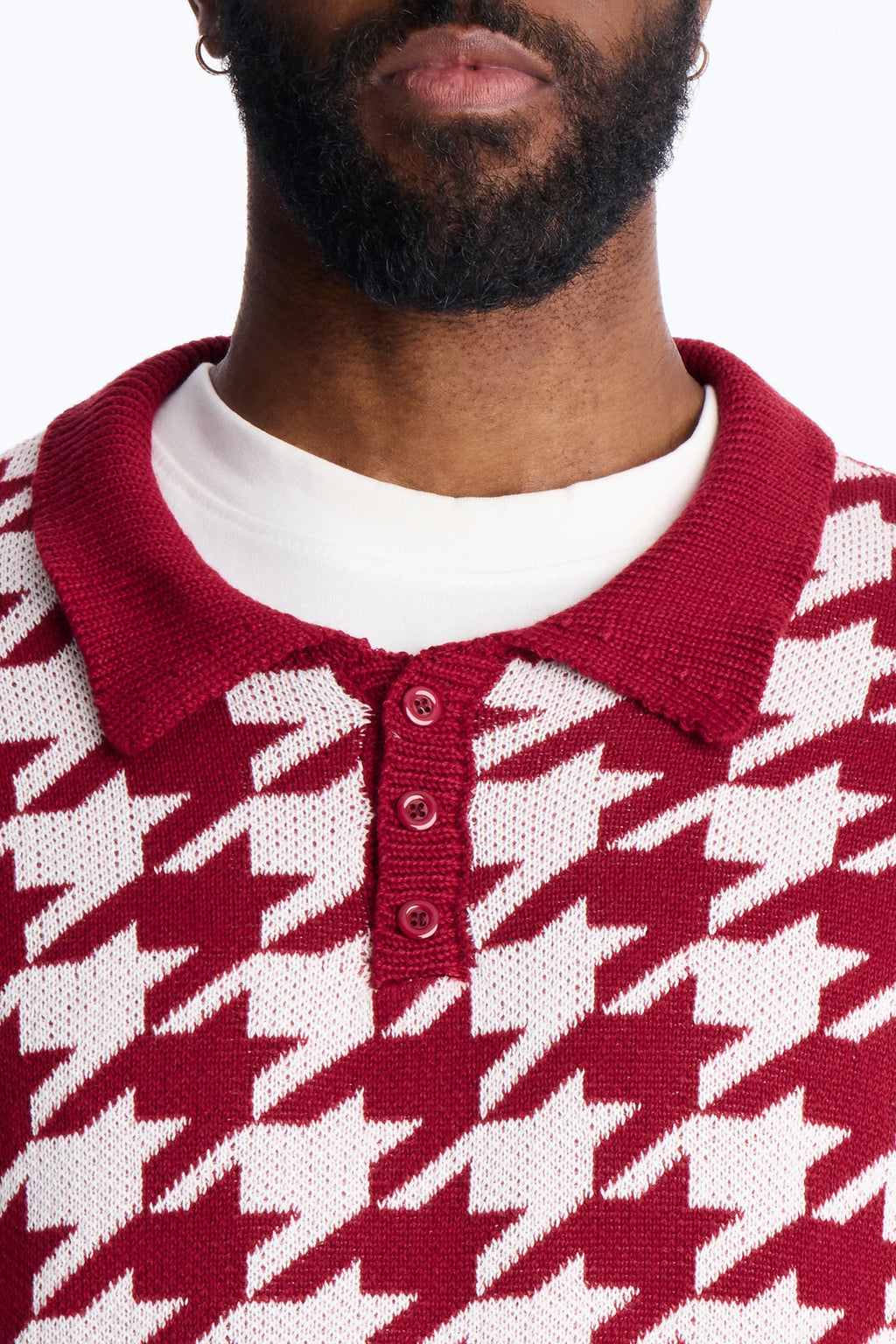 Houndstooth Short Sleeve Knitted Polo - Burgundy