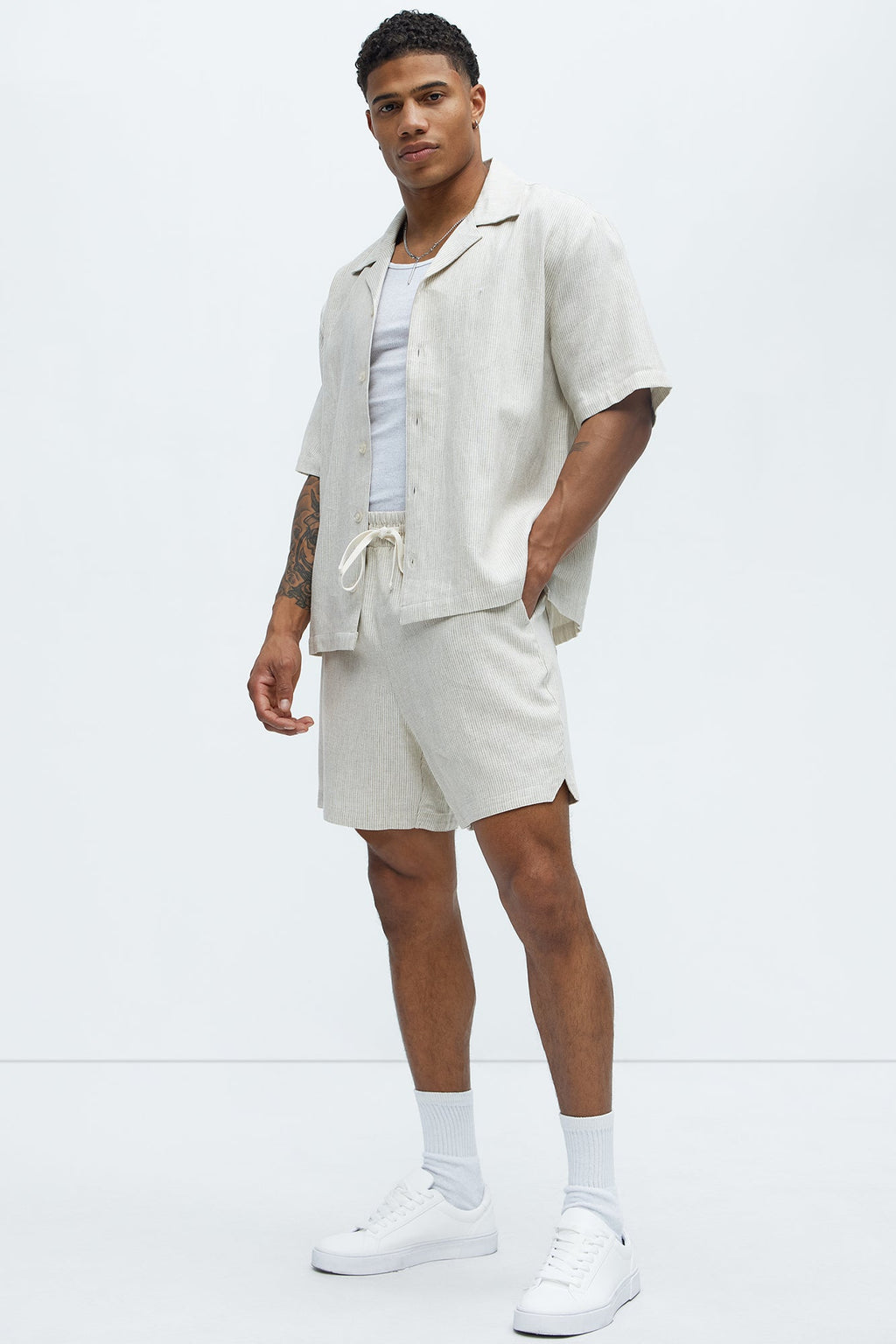 Twill Stripe Linen Shorts - Taupe/combo