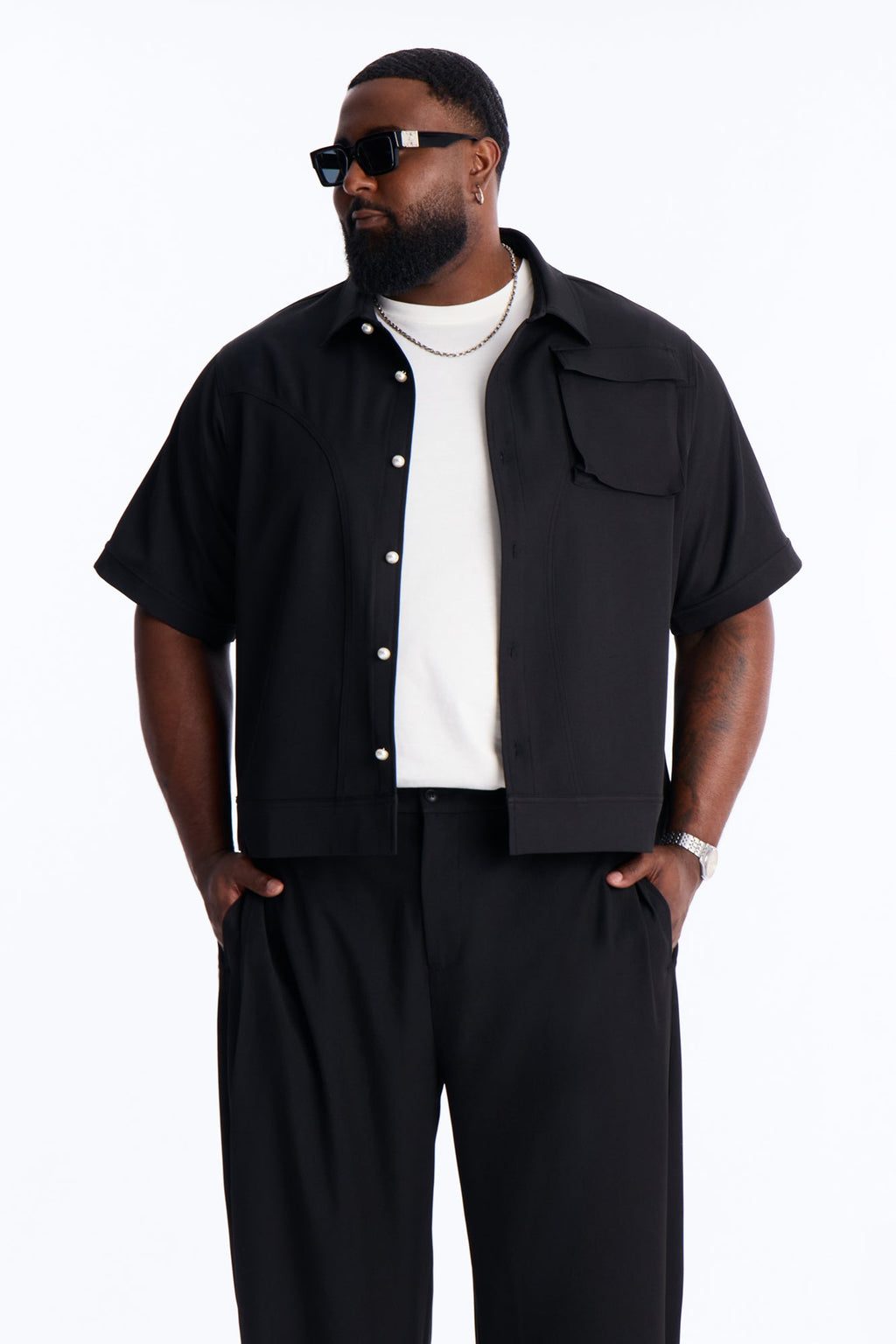Pearl Paneled Utility Button Up Shirt - Black