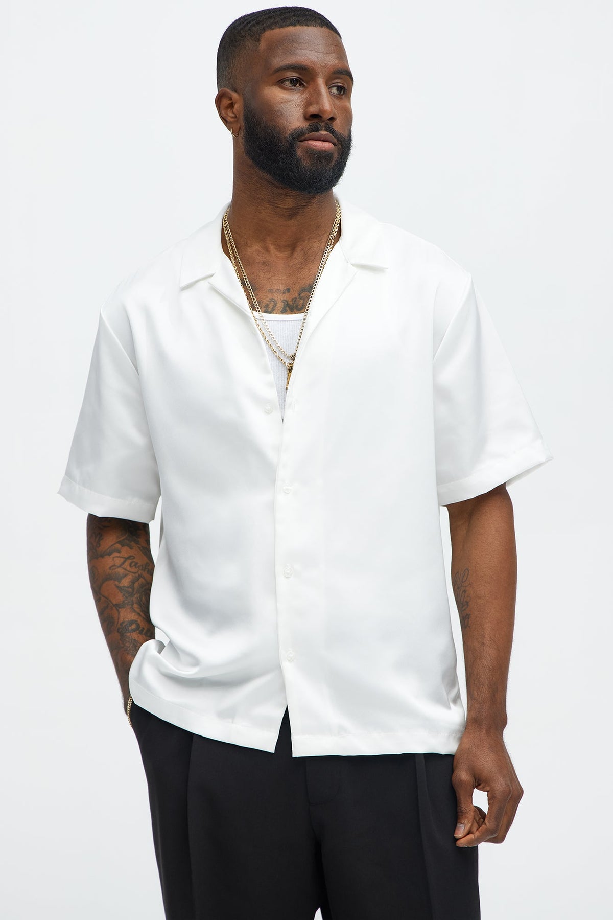 Links Satin Short Sleeve Button Up Shirt - Off White