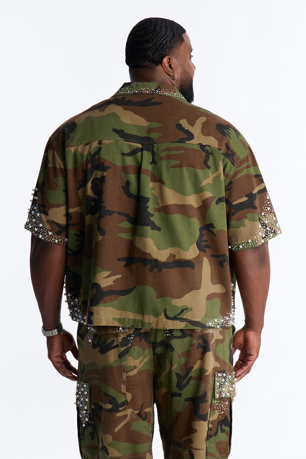 Cropped Pearl World Embellished Shirt - Camouflage