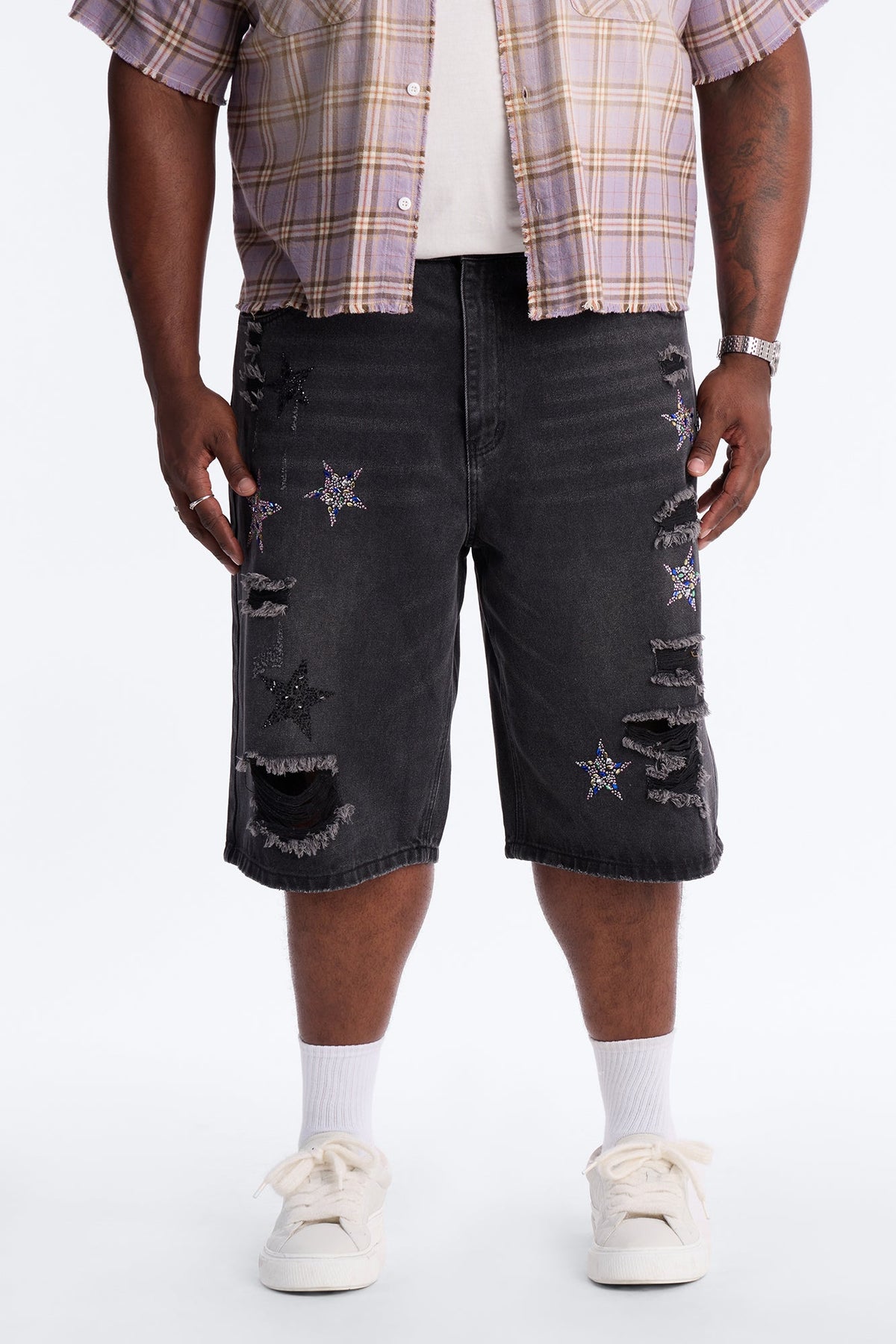 Cosmic Jeweled Baggy Denim Short - Black Wash