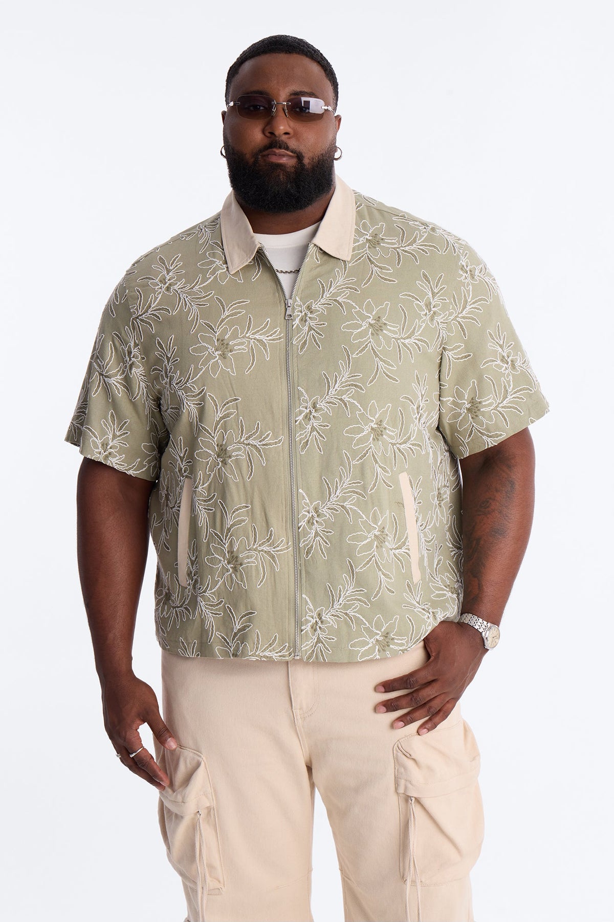 Relaxed Island Riot Embroidered Zip Shirt - Olive