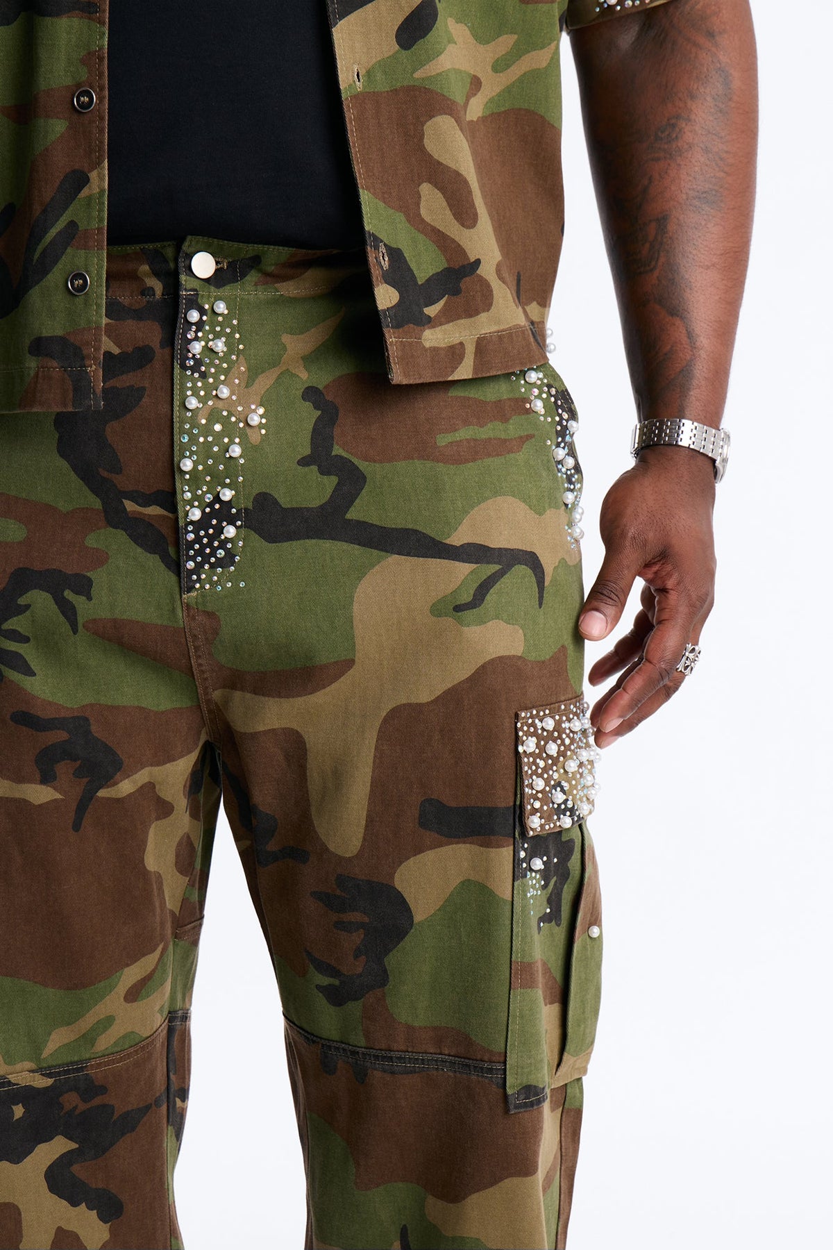 Baggy Pearl World Embellished Pant - Camouflage