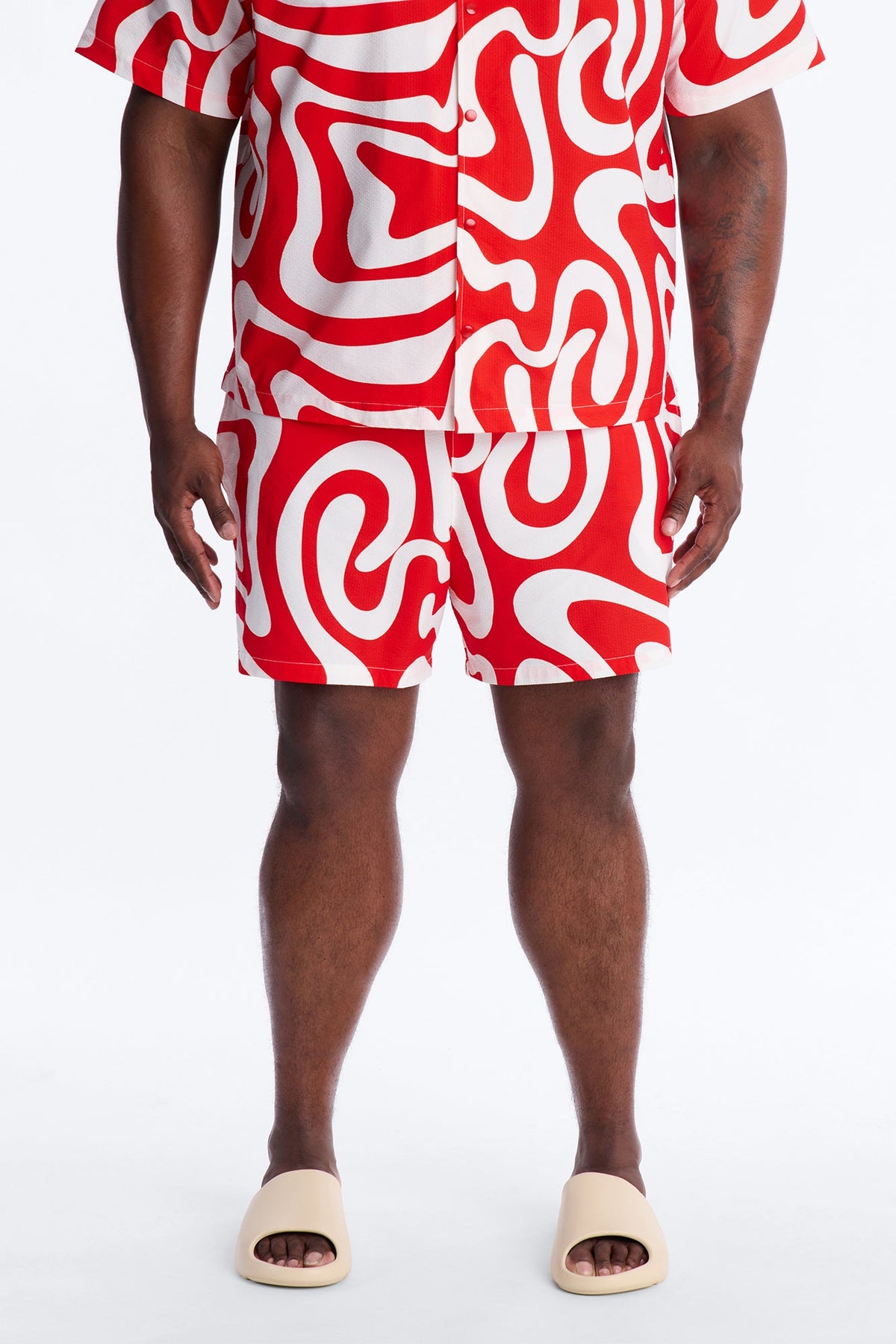 Groovy Abstract Printed Seersucker Swim Trunk 6″ - Red