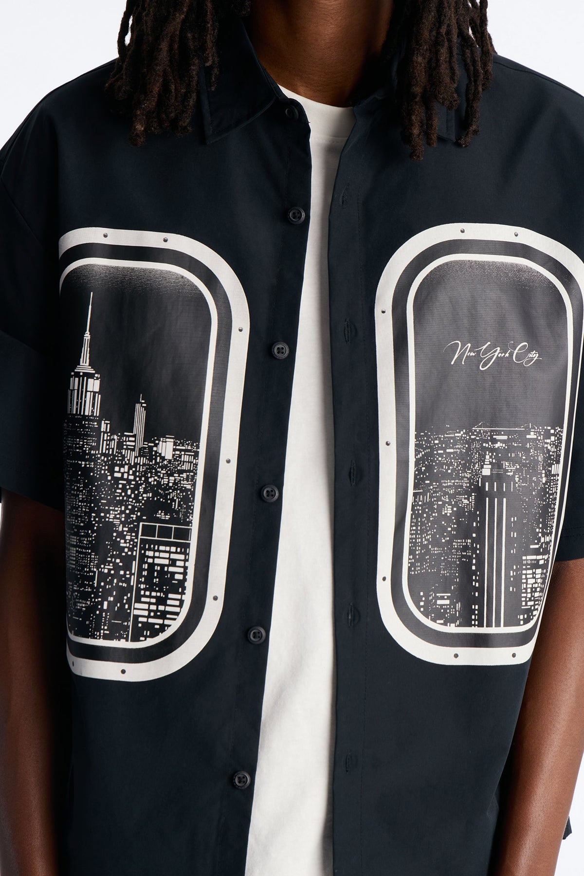 Skyline Views Short Sleeve Button Up Shirt - Black