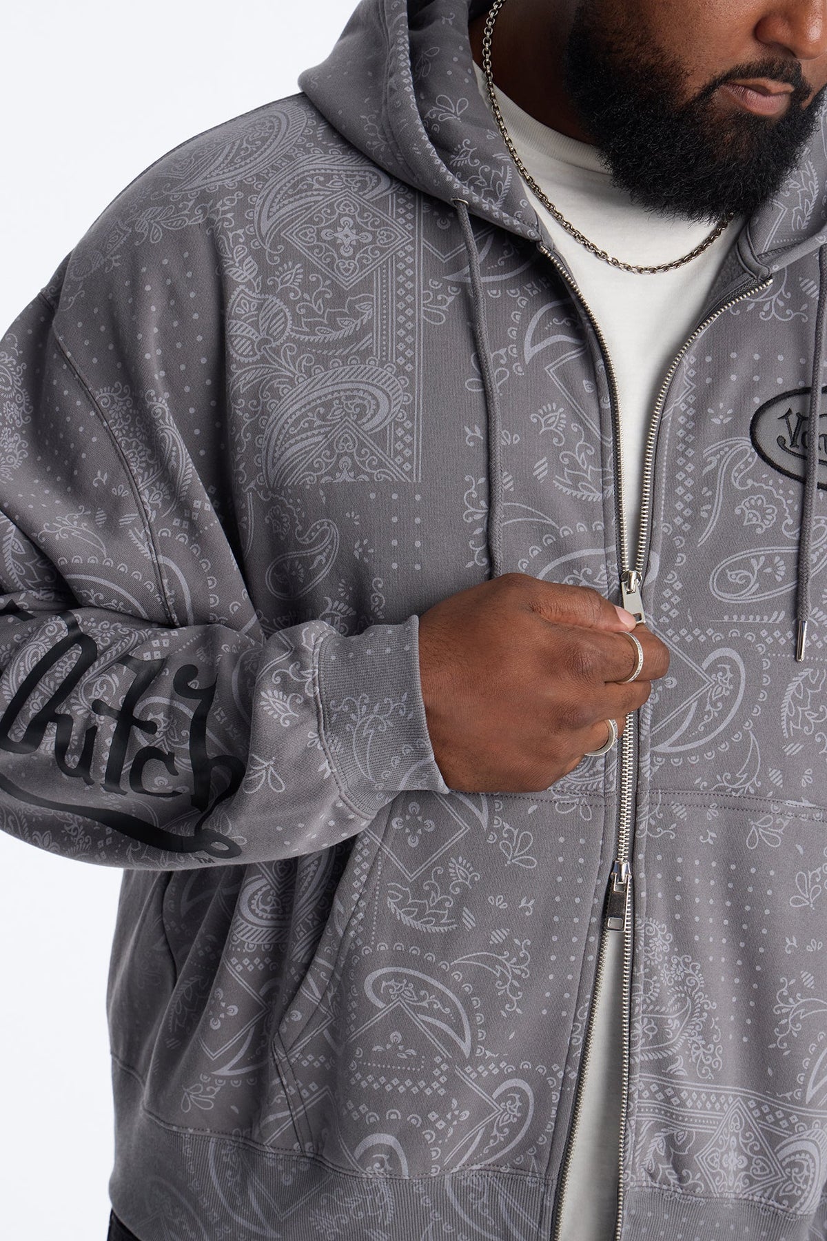 Von Dutch Chain Stitched Zip Up Hoodie - Charcoal