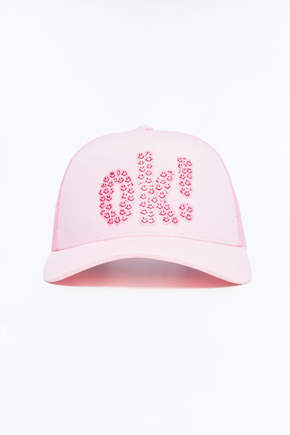 Smiling Ok Patch Snapback Trucker Hat - Light Pink