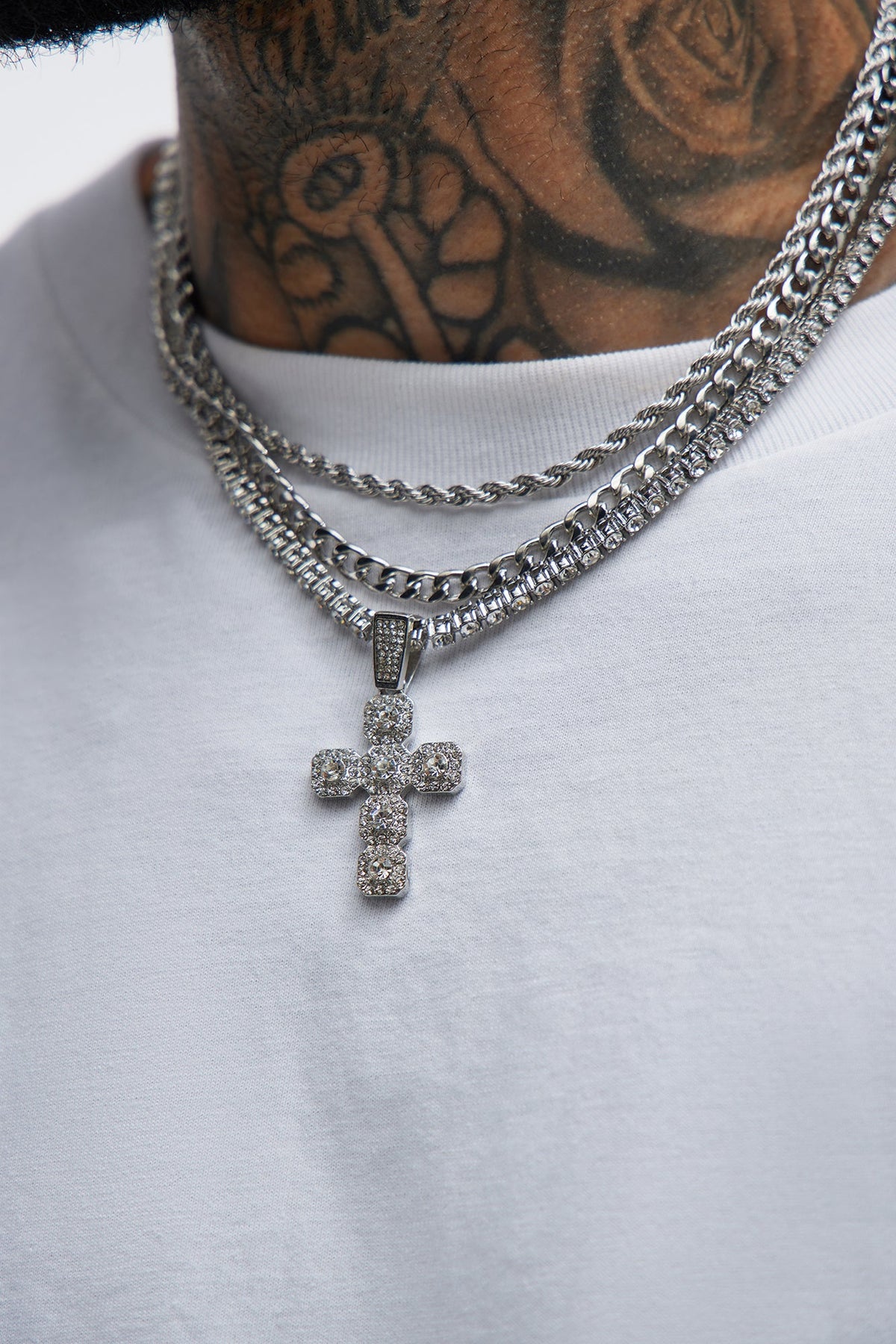 Cluster Cross 3 Piece Chain Necklace Set - Silver