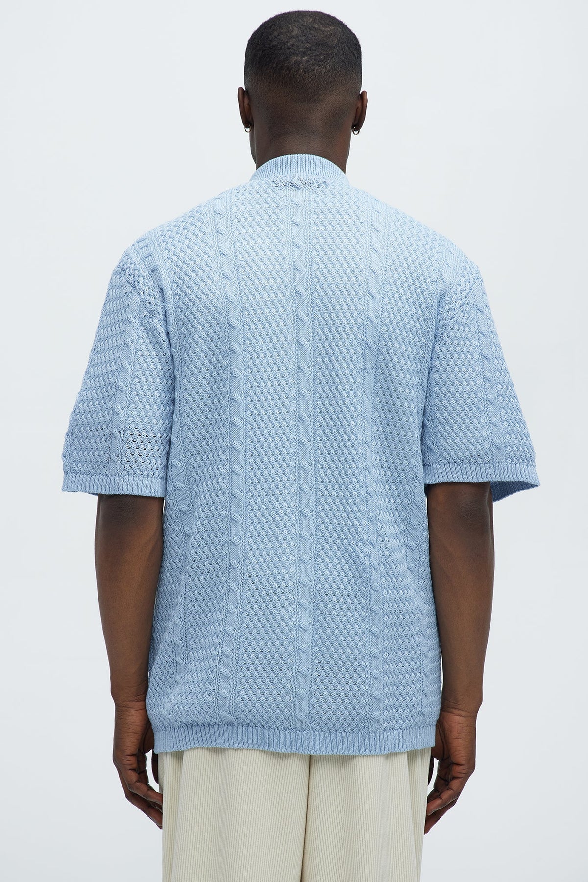 Unwind Cable Knit Short Sleeve Button Up - Blue