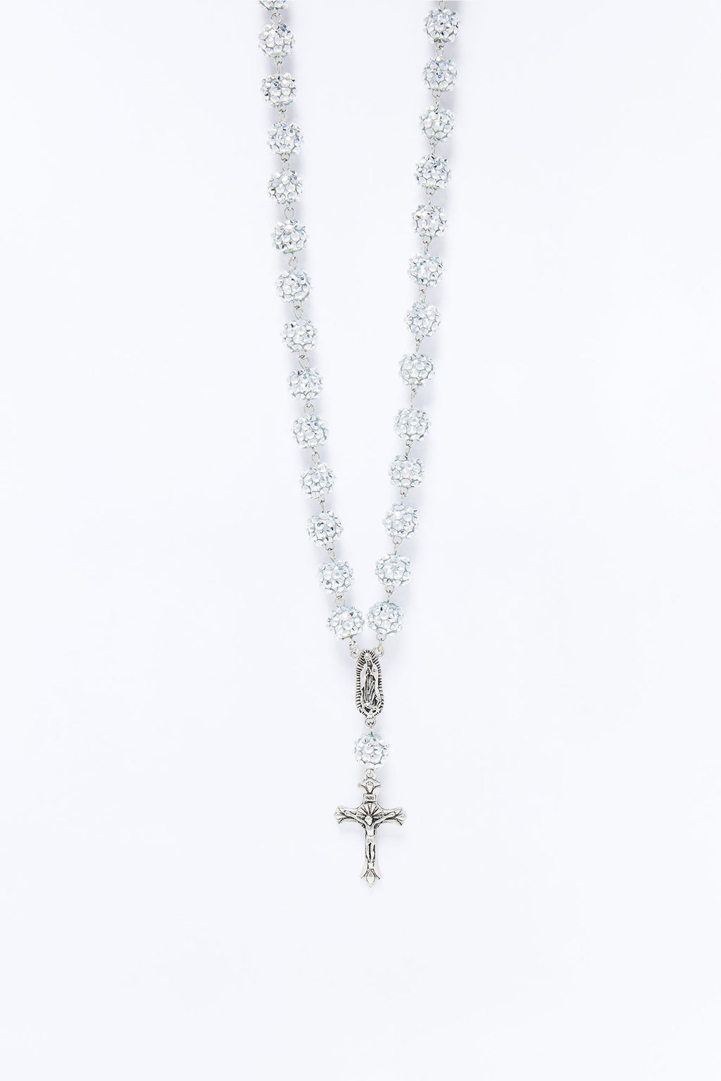 Flash Out Iced Beaded Rosary Chain Necklace - Silver