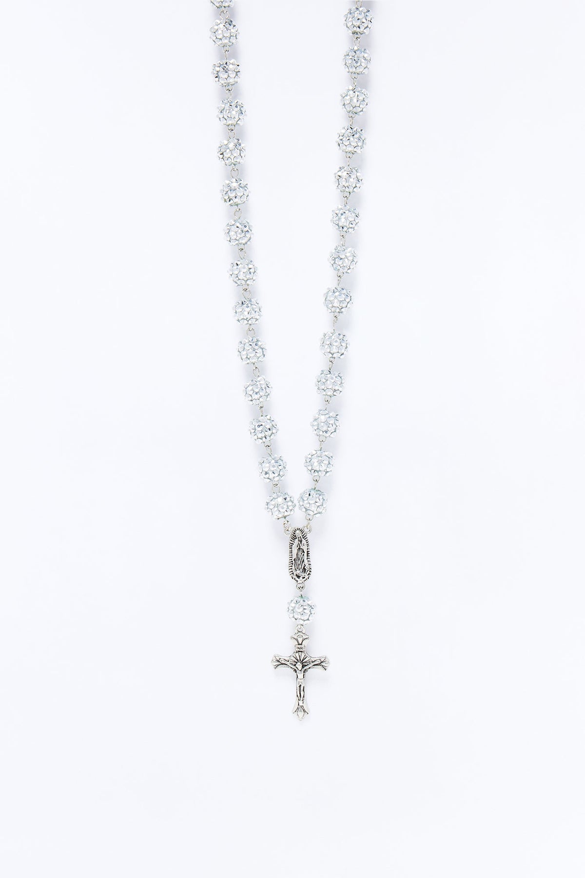 Flash Out Iced Beaded Rosary Chain Necklace - Silver