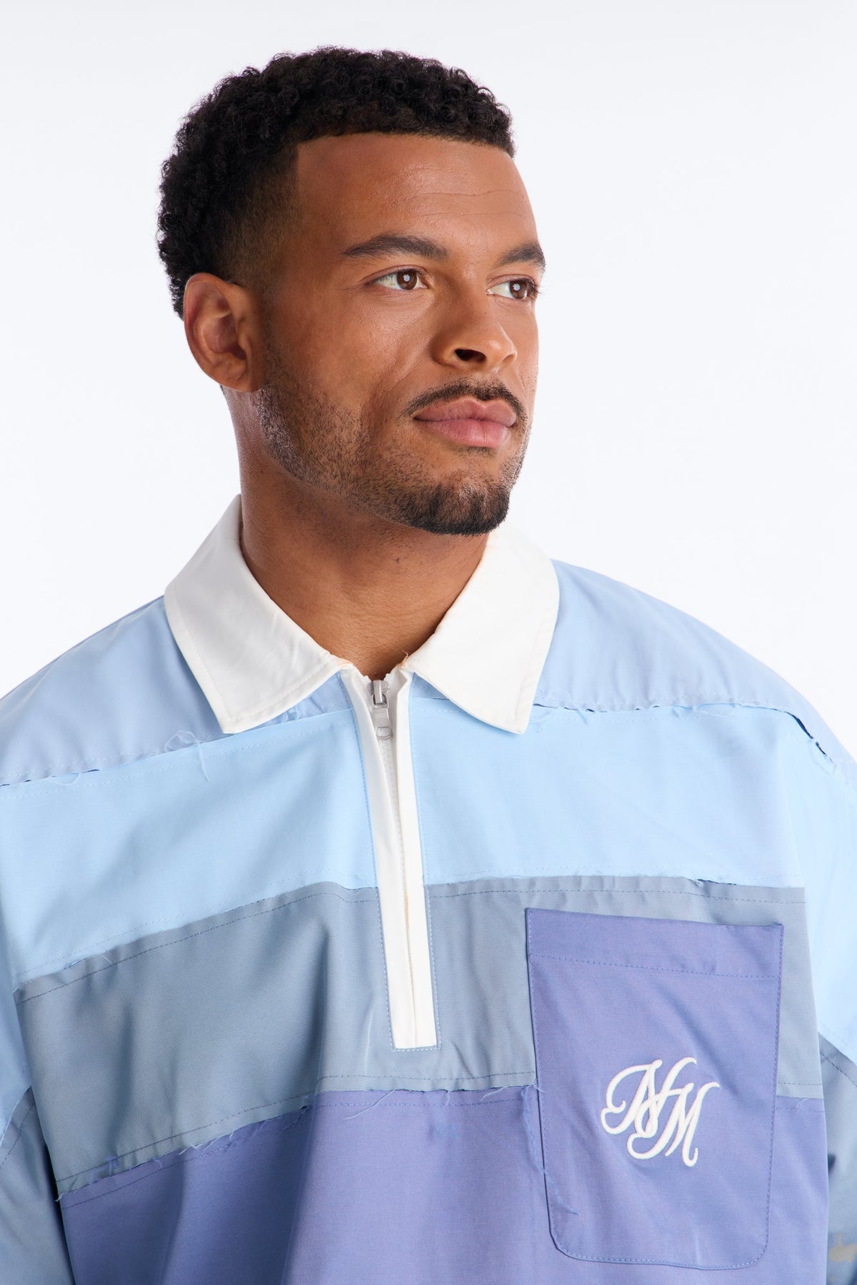 Oversized Frayed Zip Collar Polo - Blue