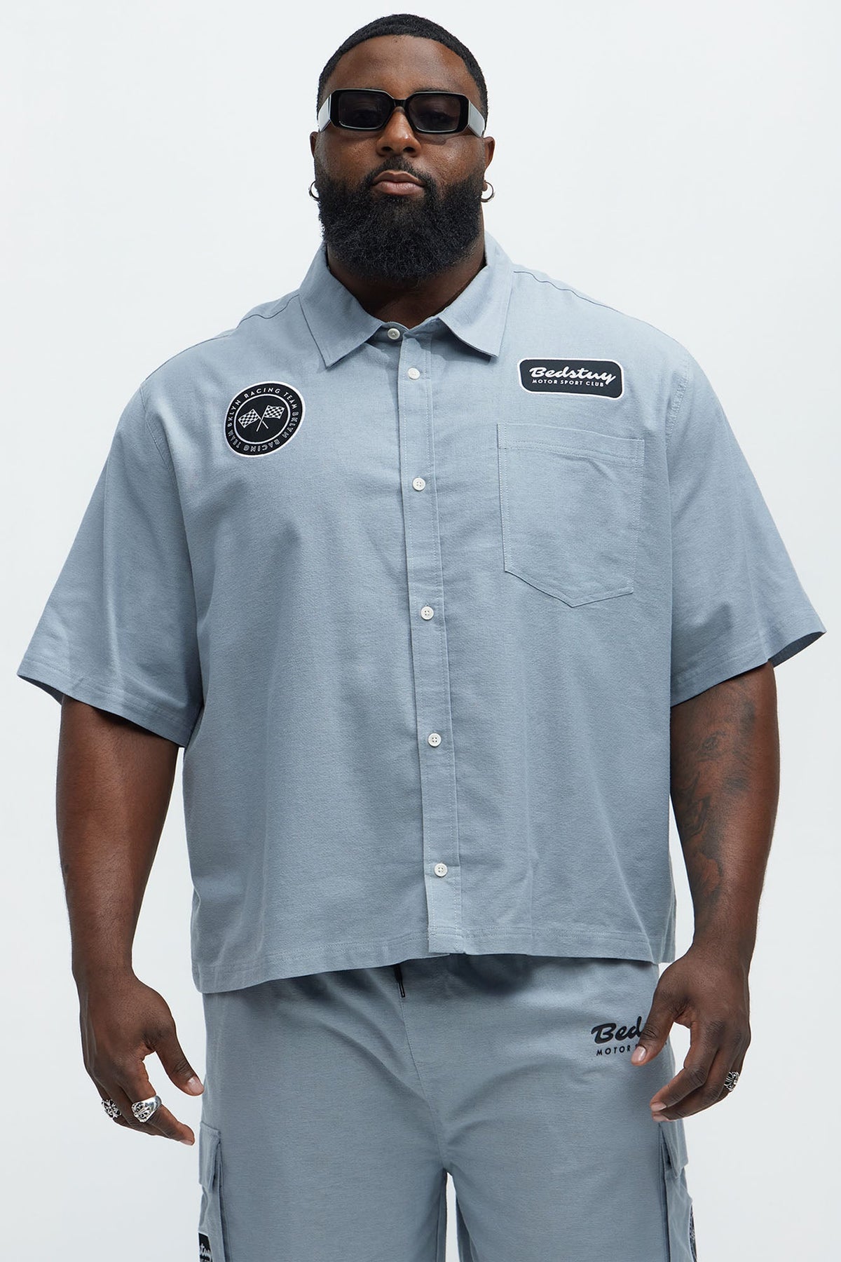 Cropped Bedstuy Patch Button Up Shirt - Light Blue