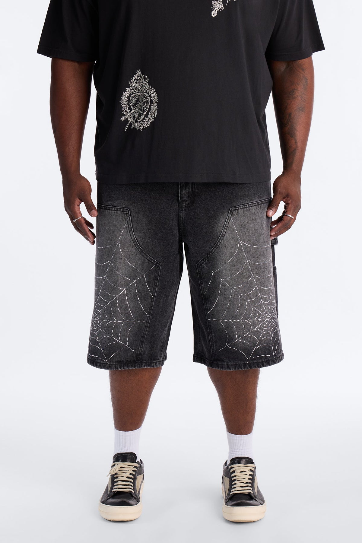 Baggy Jeweled Web Carpenter Denim Short - Black Wash