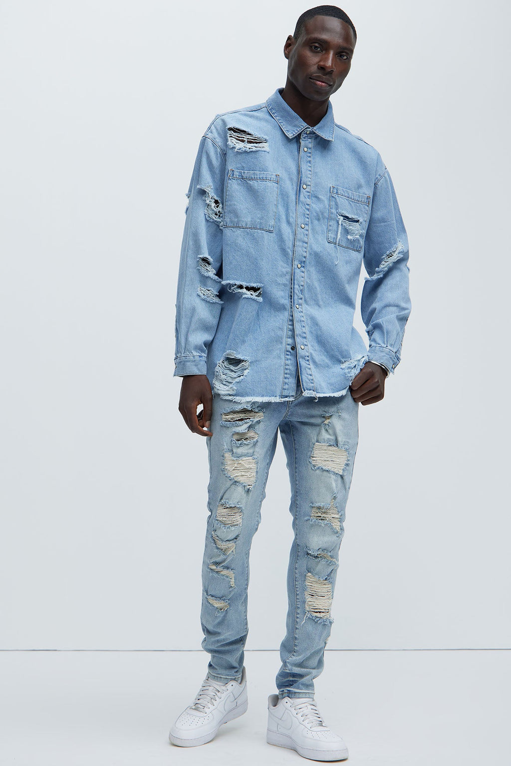Essential Distressed Denim Woven Top - Light Wash