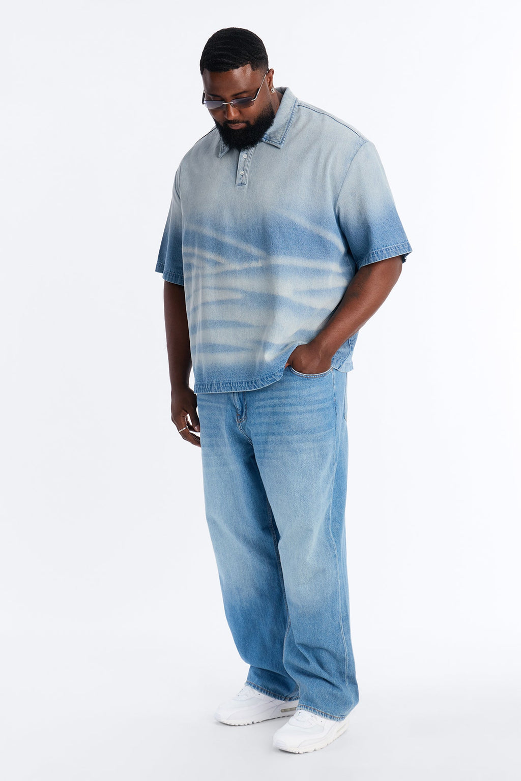 Boxy Faded Wave Denim Polo - Light Blue Wash