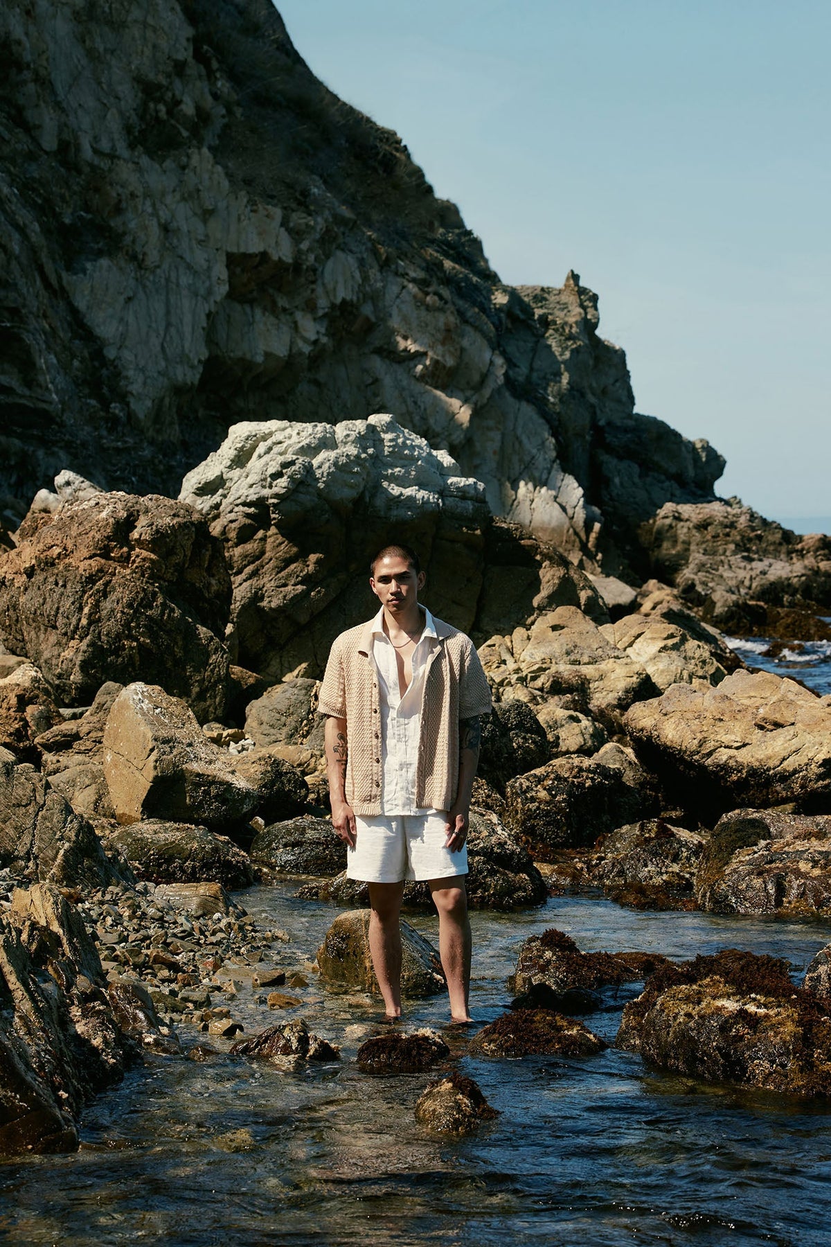 Unwind Cable Knit Short Sleeve Button Up - Oatmeal