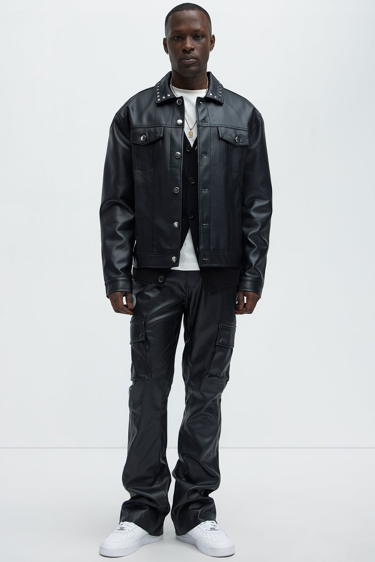 Finest Faux Leather Cargo Slim Flare Pants - Black