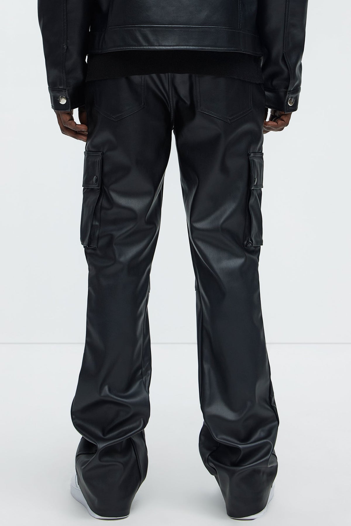 Finest Faux Leather Cargo Slim Flare Pants - Black
