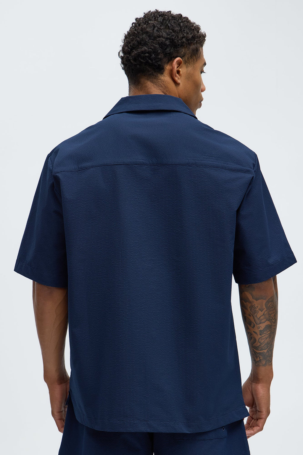 Seersucker Short Sleeve Cuban Collar Shirt - Navy