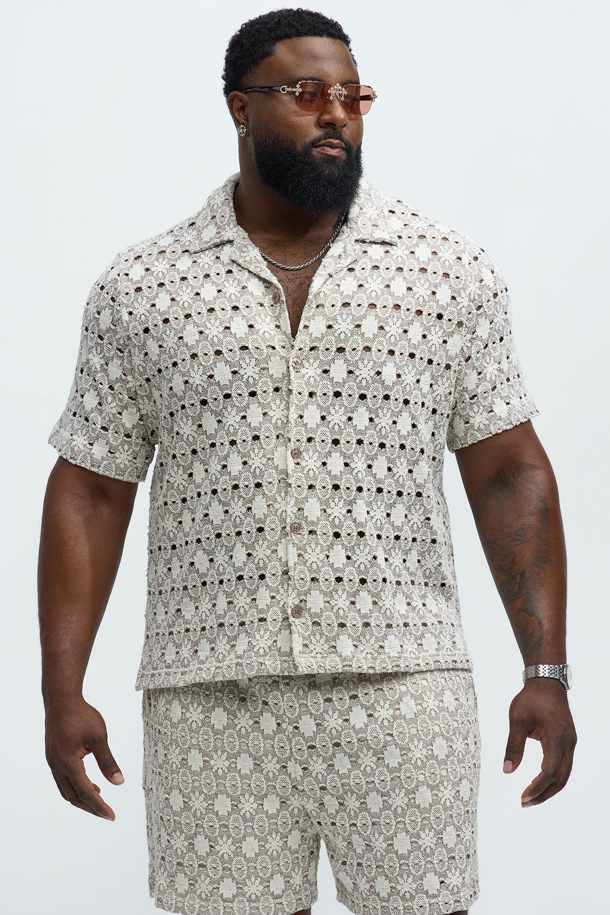 Patterned Open Knit Button Down Shirt - Cream/combo