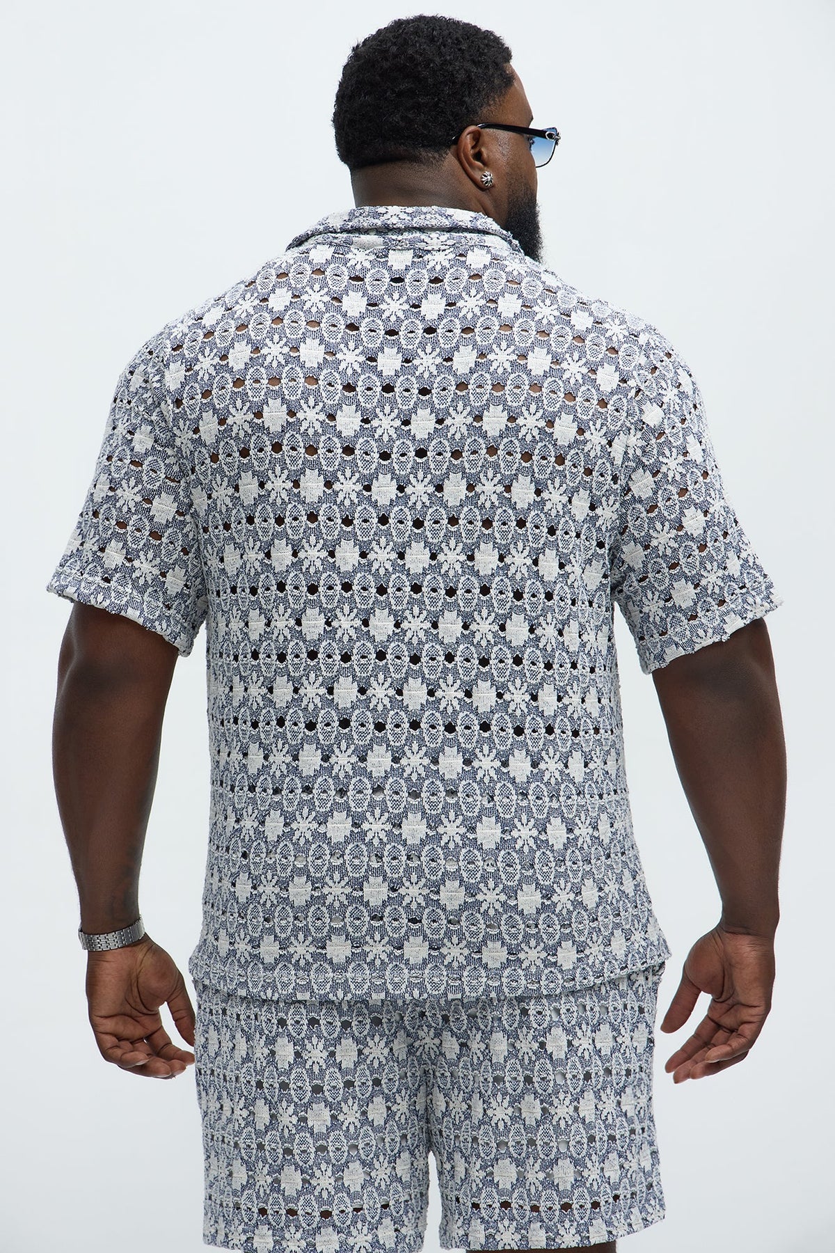Patterned Open Knit Button Down Shirt - Blue/combo