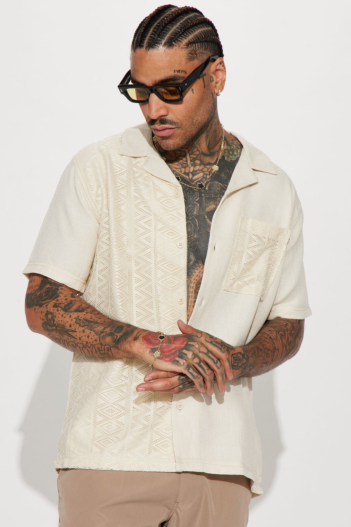 Half Crochet Pattern Short Sleeve Button Up Shirt - Cream