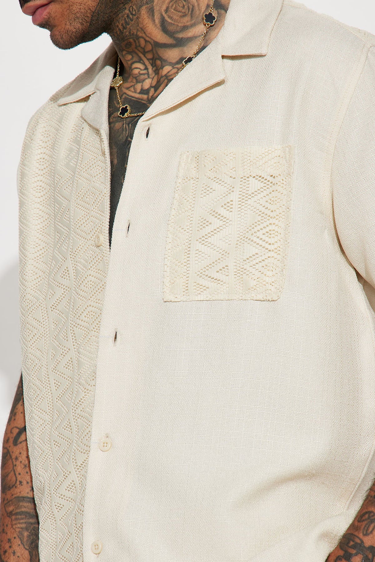 Half Crochet Pattern Short Sleeve Button Up Shirt - Cream