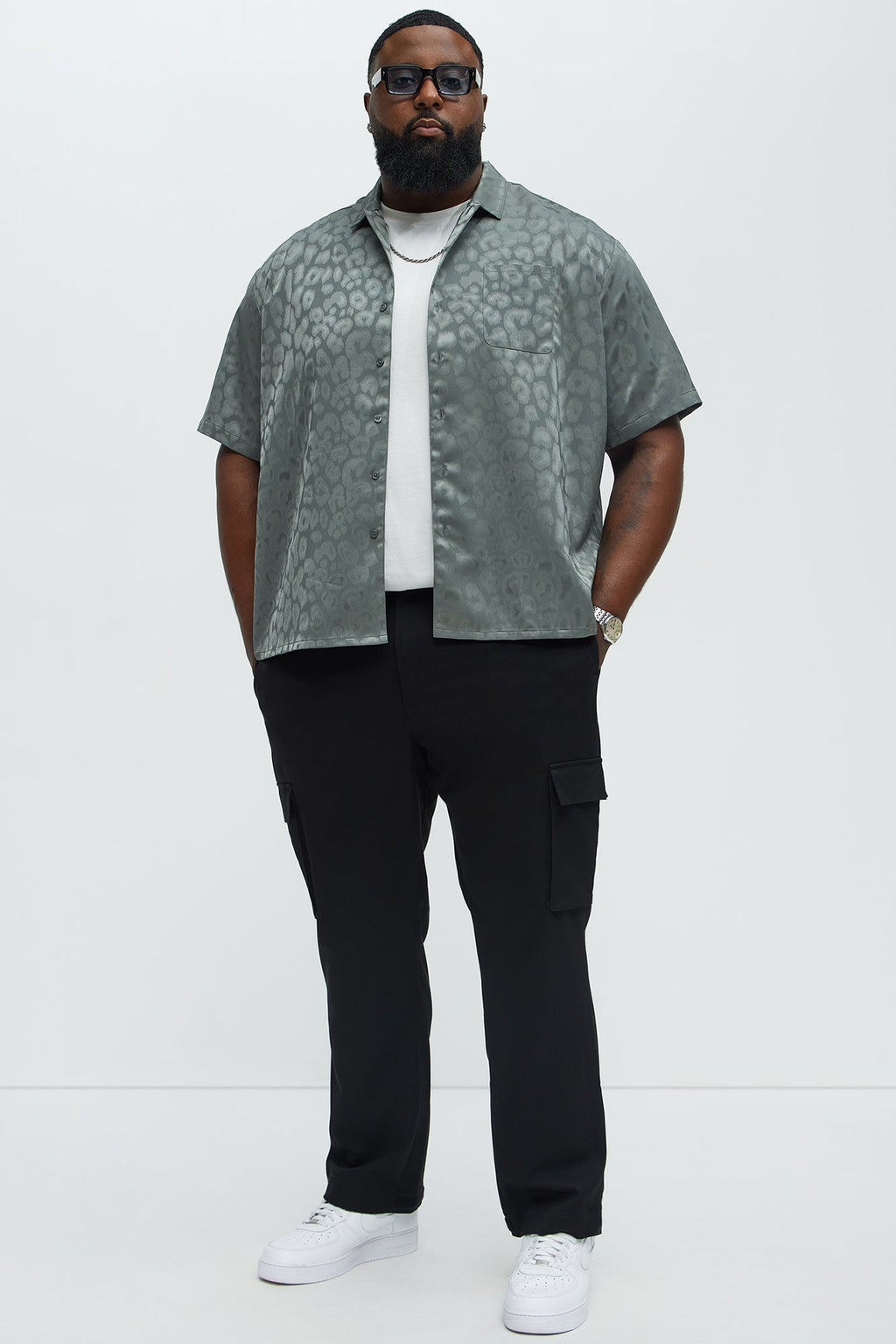 Satin Leopard Button Up Shirt - Grey